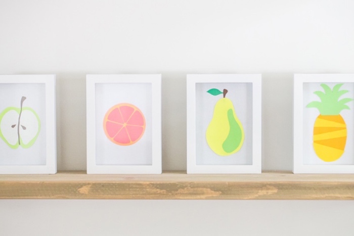 white photo frames, apple and orange, pear and pineapple, made out of paper inside, fun indoor games for kids