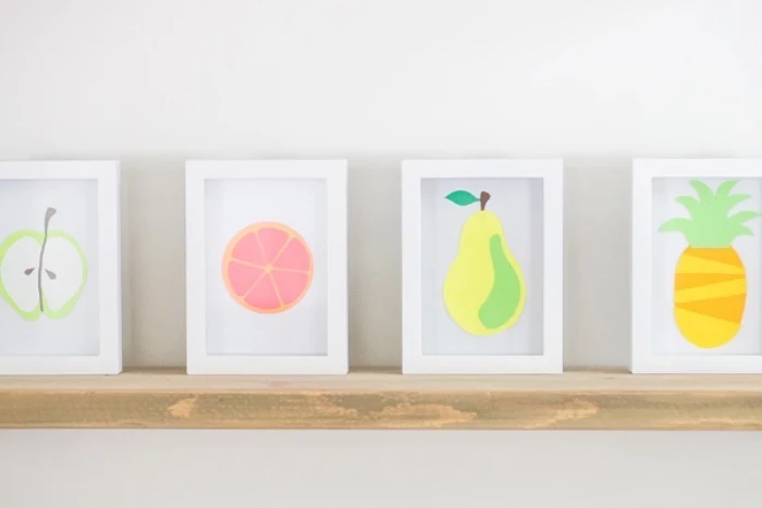 white photo frames, apple and orange, pear and pineapple, made out of paper inside, fun indoor games for kids