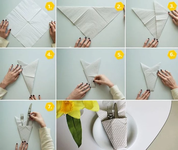 grey napkin, with white dots, napkin folding with silverware, step by step, diy tutorial