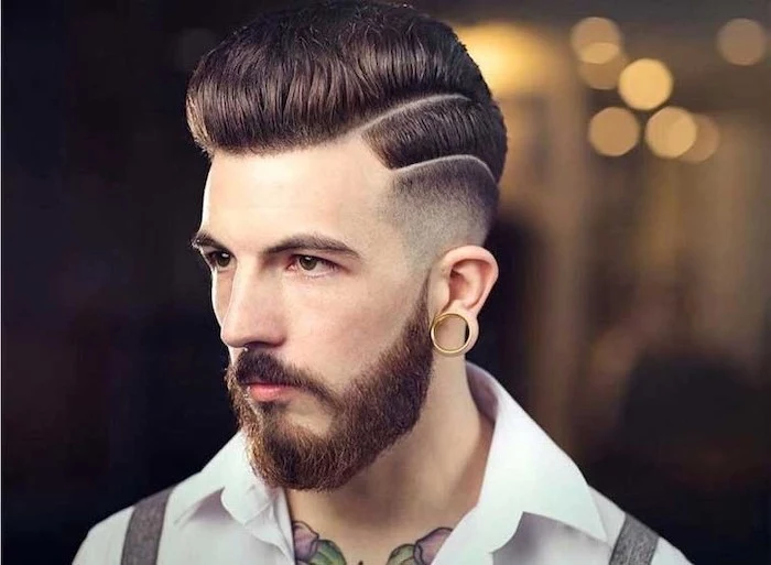 white shirt, chest tattoos, hairstyles for men with thick hair, brown hair, brown beard