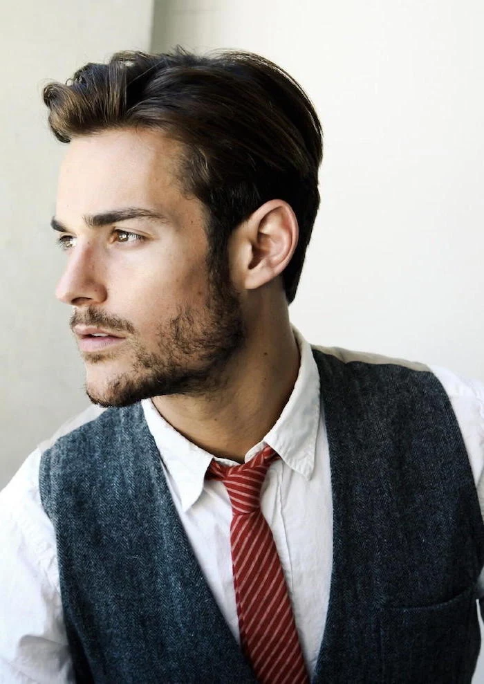 short hairstyles for men, white shirt, red tie, grey jacket, brown hair