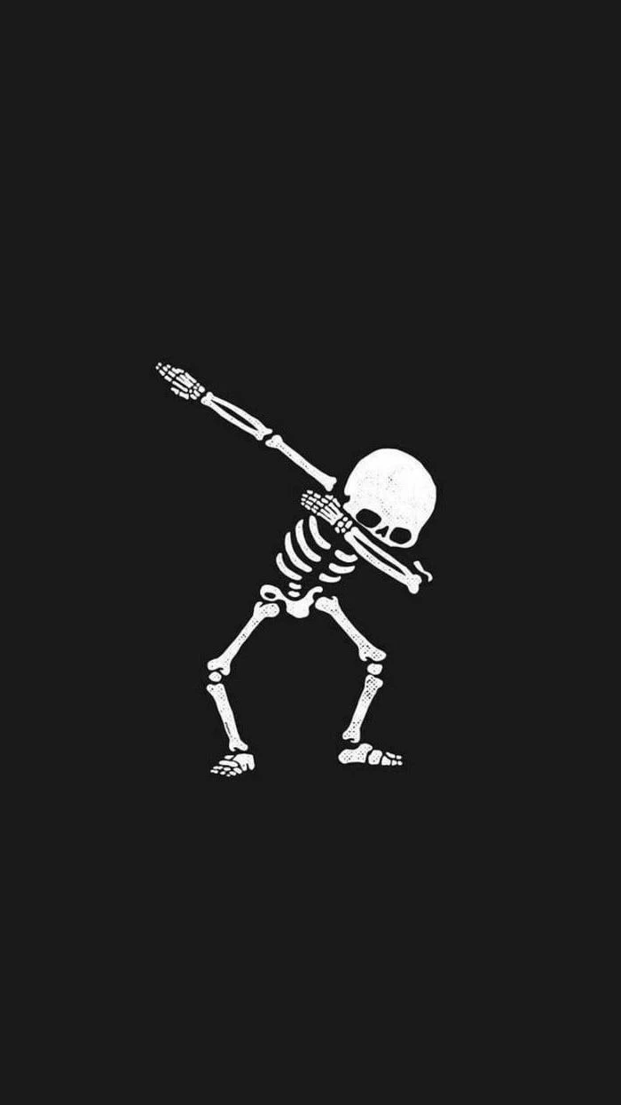 white skeleton dabbing, on a black background, girly wallpapers