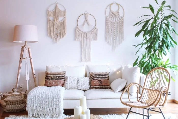 white soda, wooden chair, potted plant, macrame wall hanging patterns free, white blanket