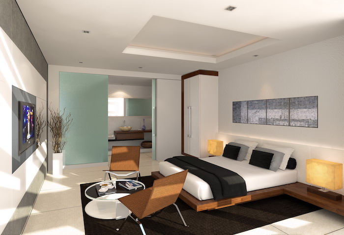 blue room dividers, white tiled floor, bedroom wall ideas, white walls, black carpet, wooden bed frame