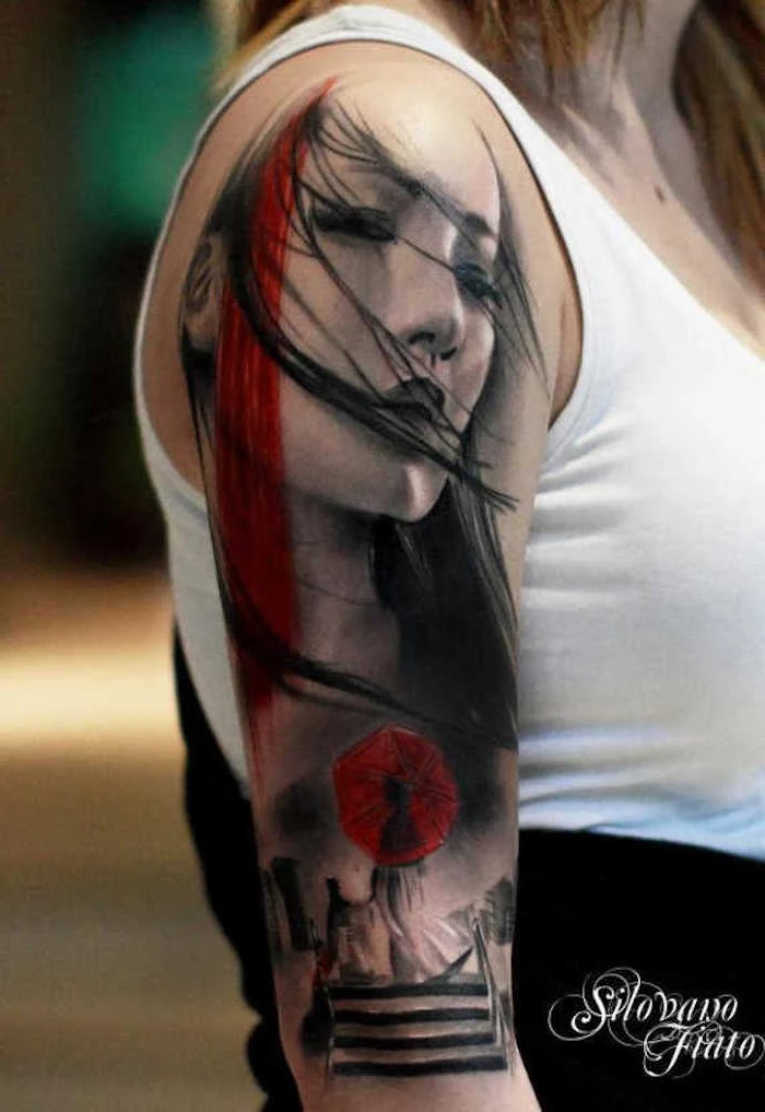 white top, female face, red umbrella, shoulder tattoo, female tattoos gallery
