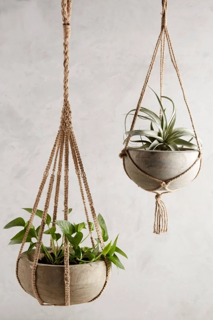 ceramic pots, potted plants, plant hangers, white wall, macrame wall hanging tutorial