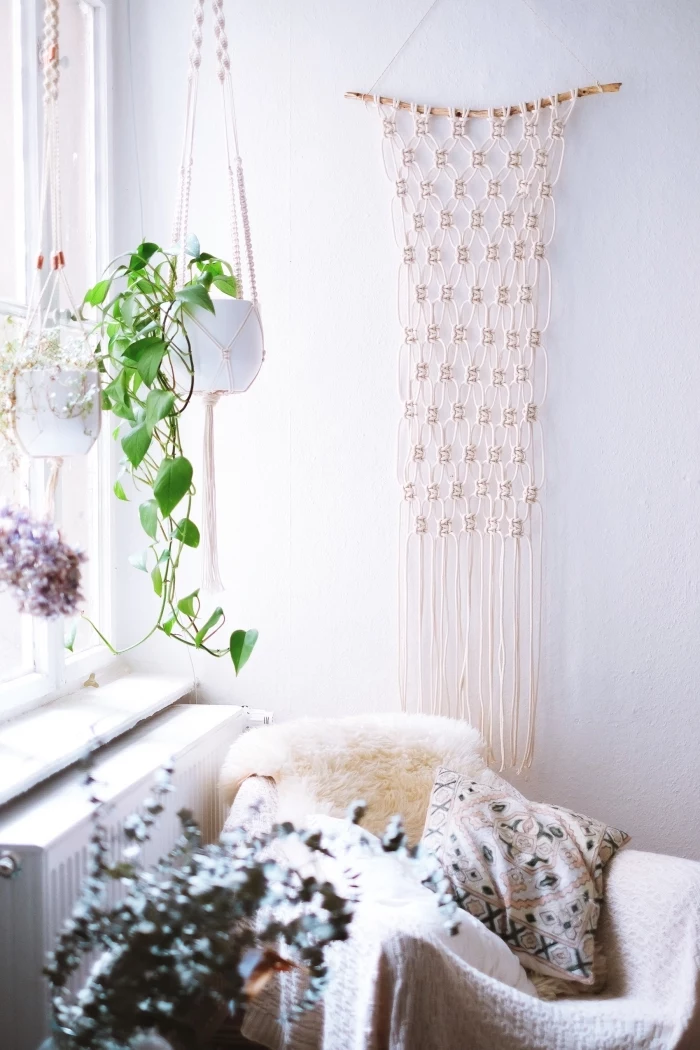 potted plants, plant hanger, furry blanket, macrame wall hanging tutorial, white wall, patterned throw pillow