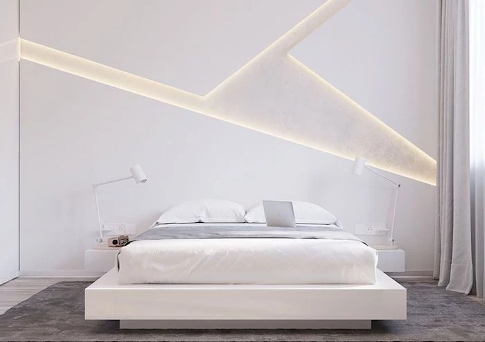 white wall,led lights, white bed frame, night stands, grey carpet, wooden floor, how to decorate a bedroom