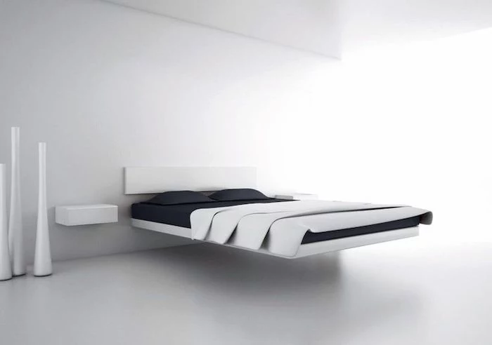 bedroom wall ideas, minimalist style, white floating bed, black bed linen, white walls and floor