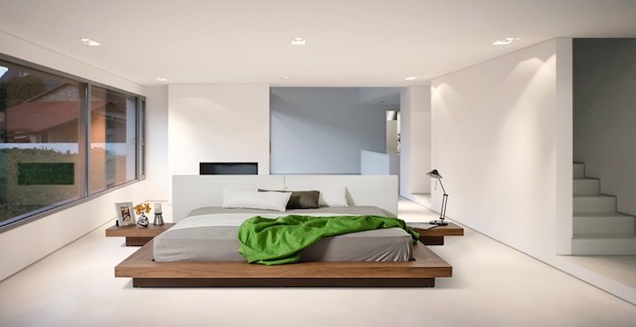 wooden bed frame and shelves, white walls and floor, bedroom wall ideas, white head board