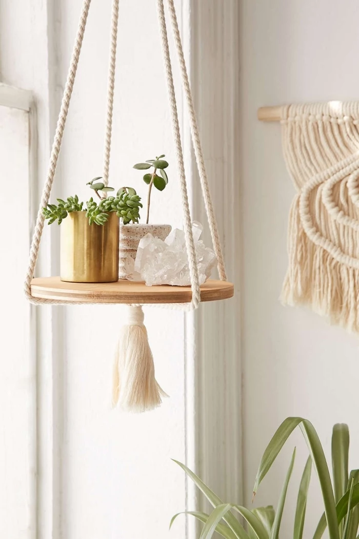 potted succulents, plant hanger, white wall, macrame wall hanging tutorial