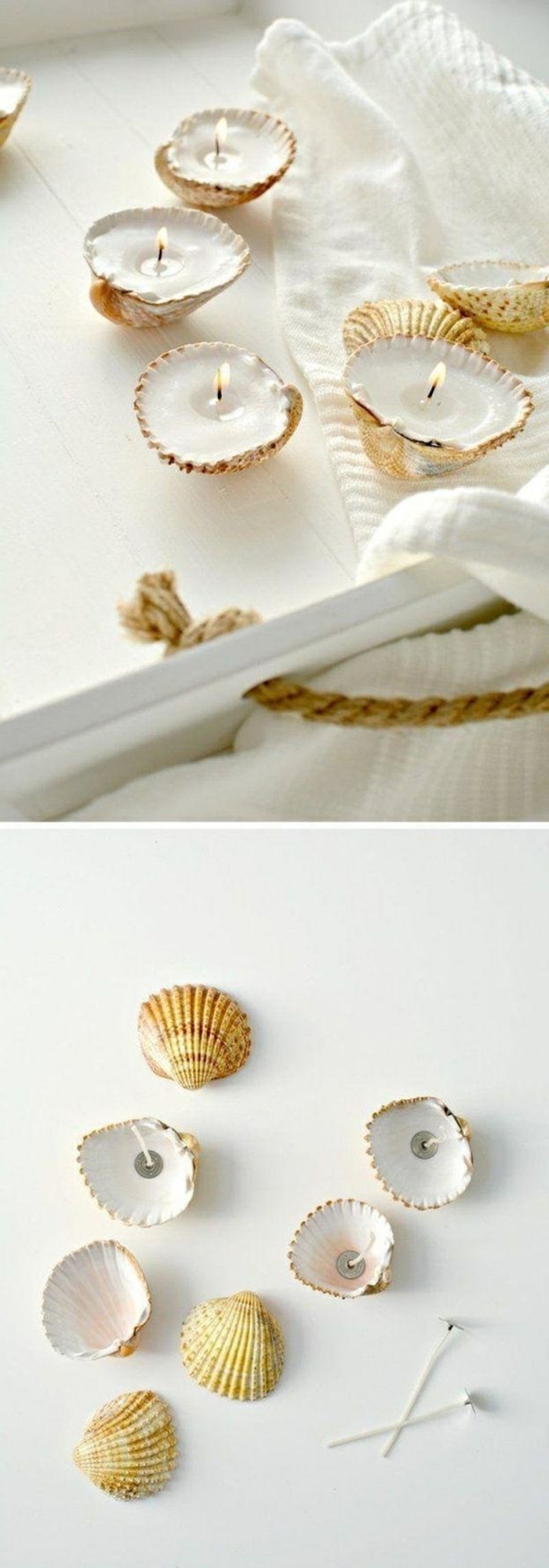 seashell candles, on a white tray, white towel, make your own candles