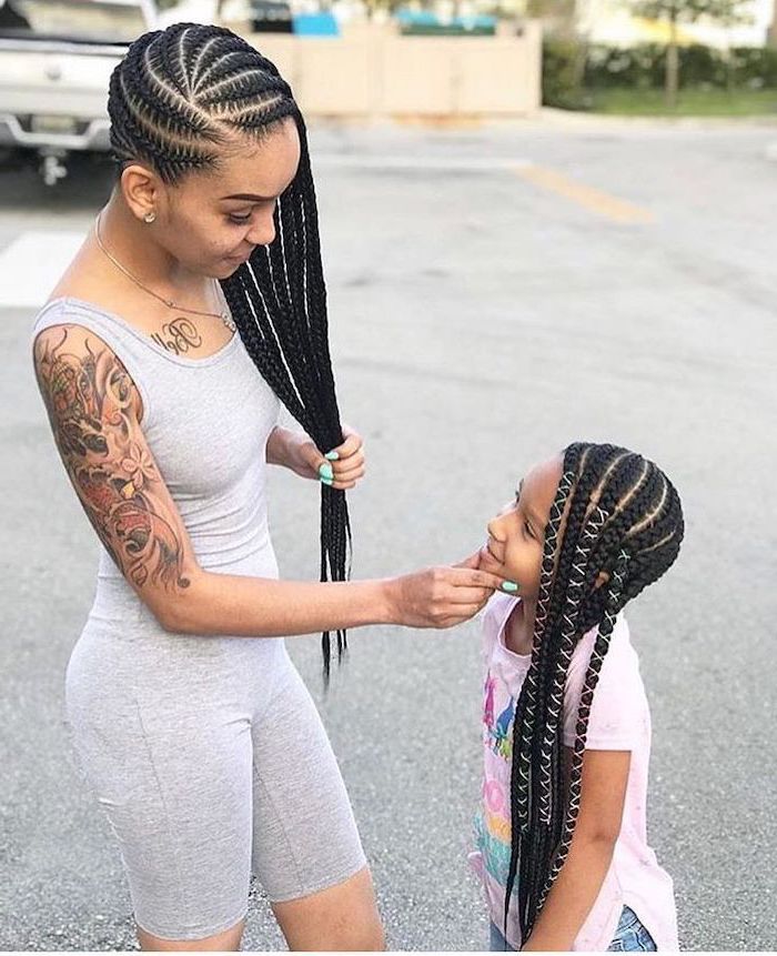 woman and a girl, in grey jumpsuit, braids hairstyles pictures, pink t shirt