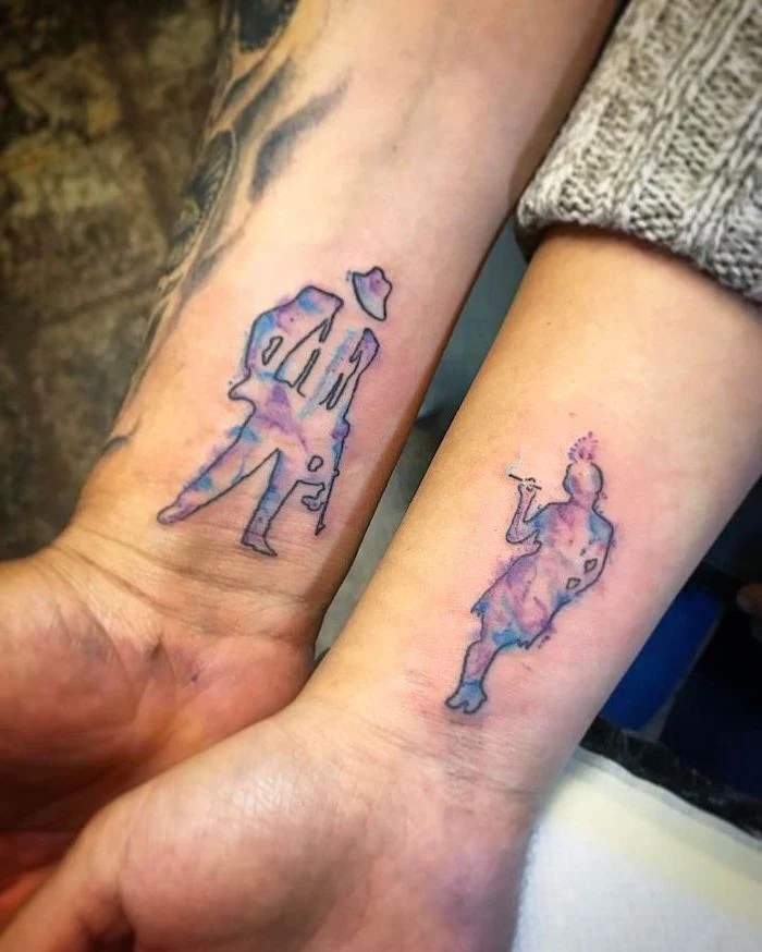 watercolour wrist tattoos, man and woman, boyfriend and girlfriend matching tattoos
