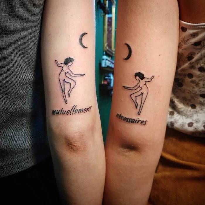 boyfriend and girlfriend matching tattoos, two women, two moons, back of arm tattoos