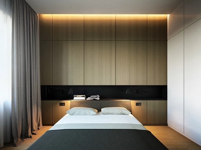 wooden accent wall, led lights, bedroom wall ideas, grey curtains, wooden floor, white wall