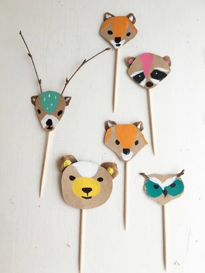 carton animals, on wooden skewers, deer and fox, bear and owl, small group activities for preschoolers