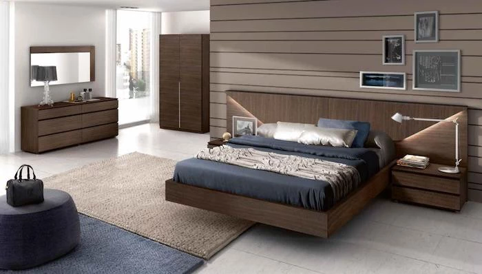 how to decorate room, wooden floating bed, wooden drawers and night stands, blue ottoman