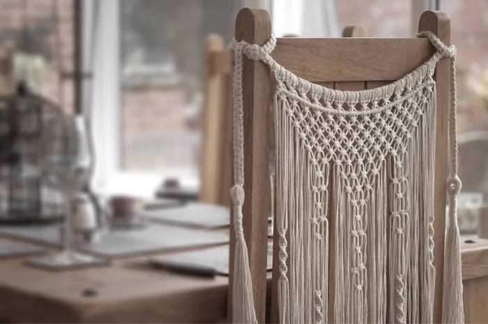 wooden chair, macrame backdrop, macrame chair decoration, wooden table