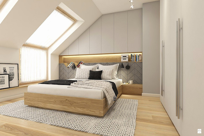 white walls, how to decorate room, wooden bed frame and drawers, wooden floor, white knitted carpet