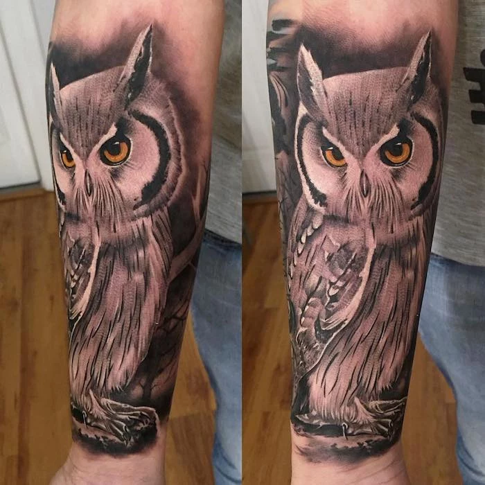 side by side photos, large owl, cool simple tattoos, wooden floor, grey shirt