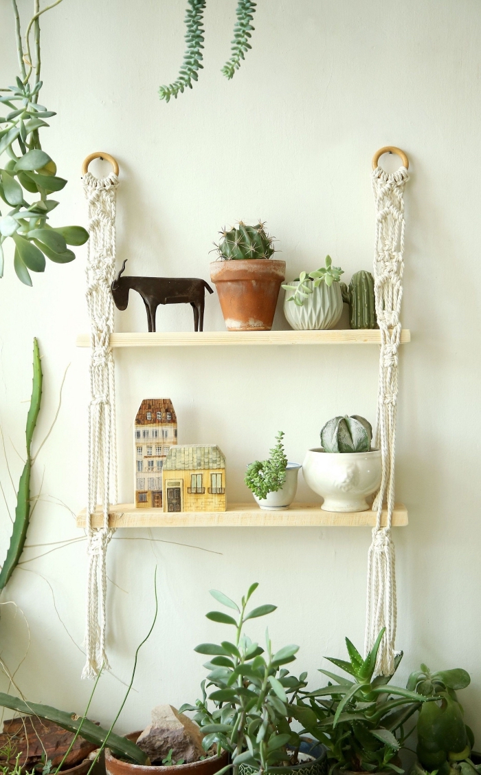 macrame wall hanging knots, hanging wooden shelves, potted cactuses and succulents, white wall