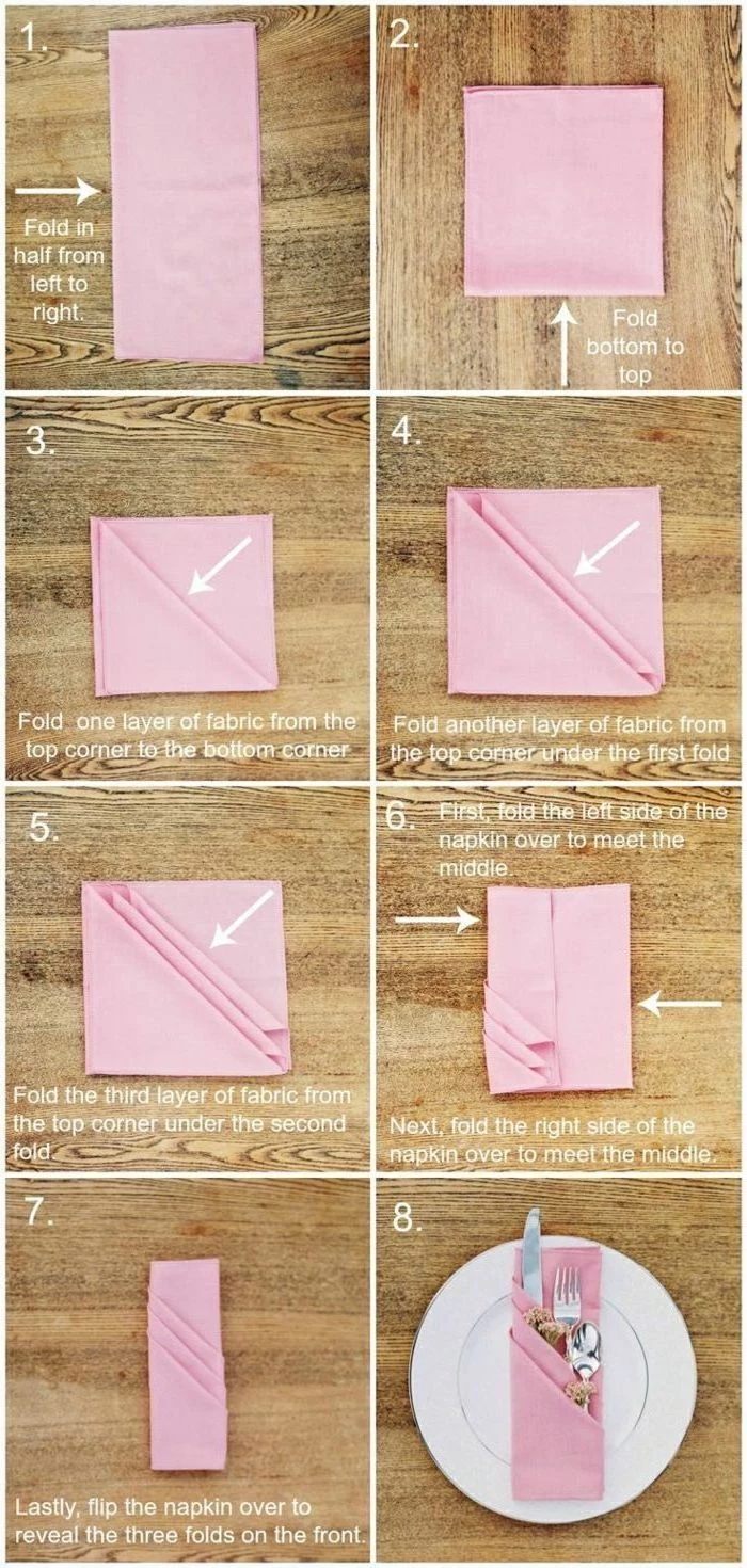 how to fold napkins for napkin rings, pink napkin, silverware inside, step by step, diy tutorial