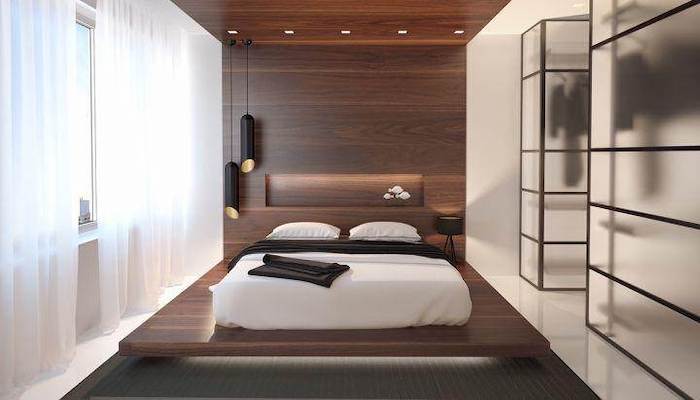 wooden floating bed frame, wooden wall and ceiling, led lights, master bedroom wall decor, black carpet