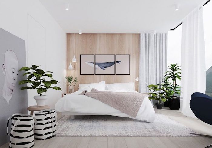 wooden wall, wooden floor, white carpet, master bedroom wall decor, white walls and curtains
