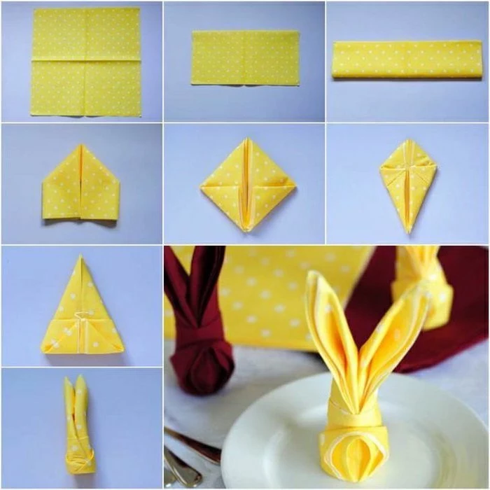 yellow napkin, with white dots, how to fold napkins for napkin rings, step by step, diy tutorial