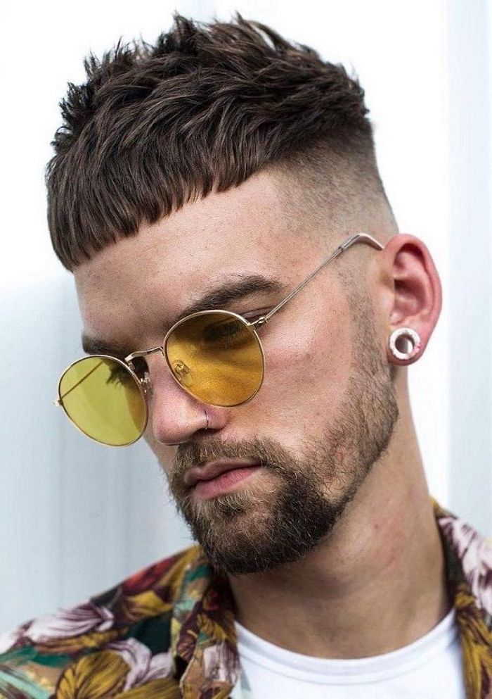 short brown hair, man wearing sunglasses, floral jacket, types of haircuts for men
