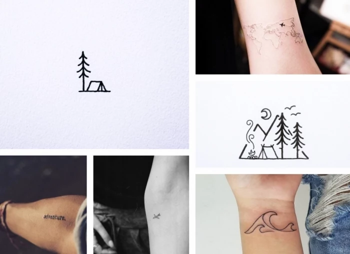 different tattoos, for adventure lovers, planes and landscapes, simple tattoo, on the forearms