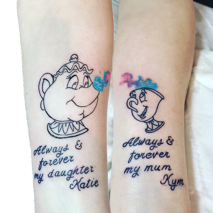 mother daughter tattoos, always and forever, disney inspired, beauty and the beast, forearm tattoos