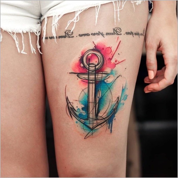 watercolor tattoo, anchor thigh tattoo, white denim shorts