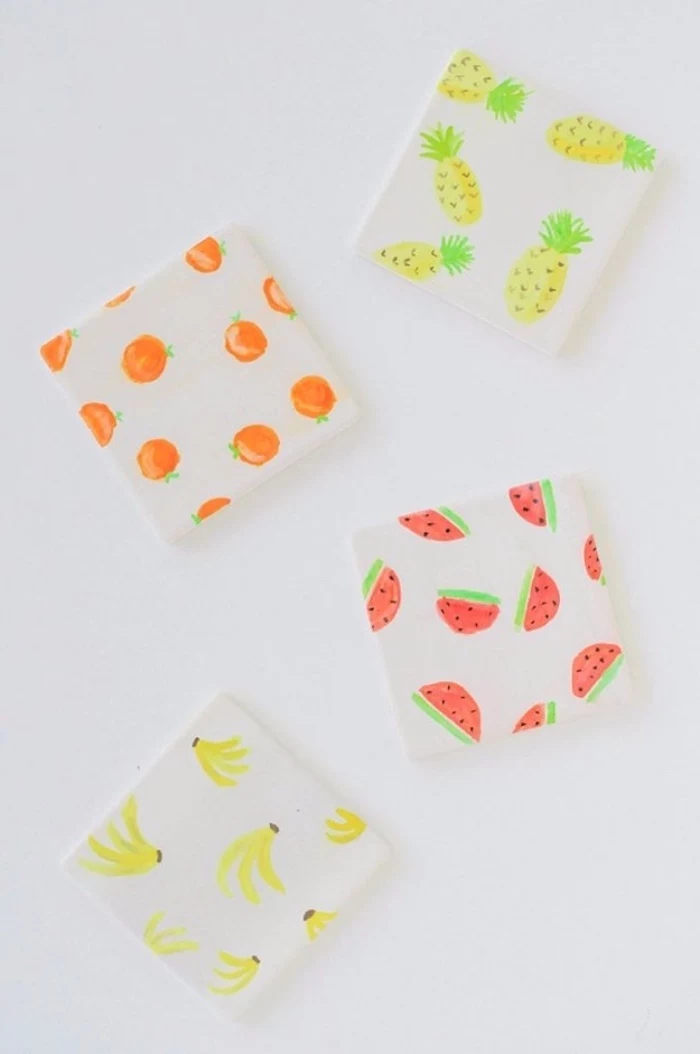wooden coasters, with fruits, orange and pineapple, watermelon and banana, diys for teens