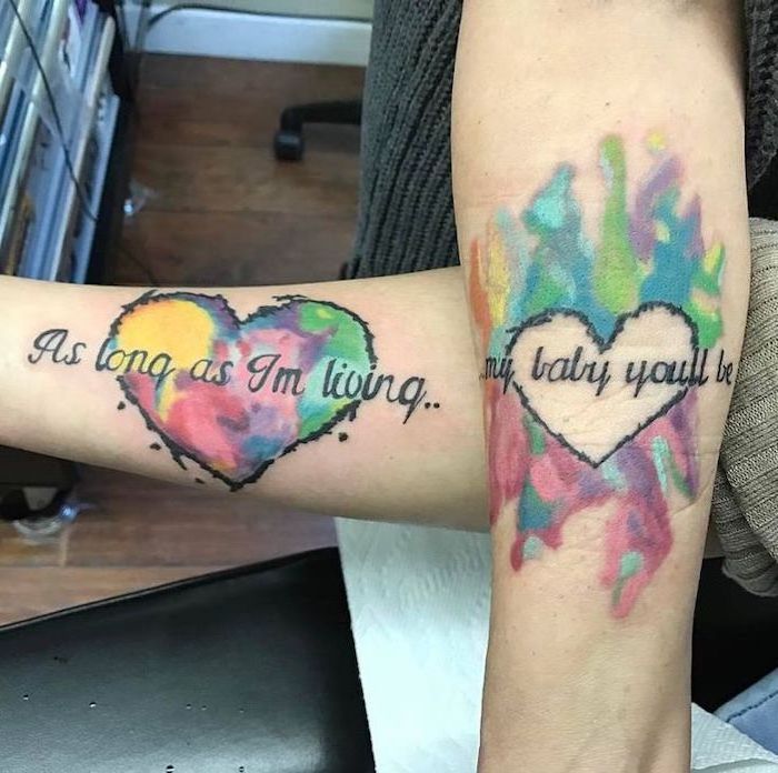 as long as i'm living, my baby you'll be, watercolor heart cutout, forearm tattoos, mother daughter tattoos