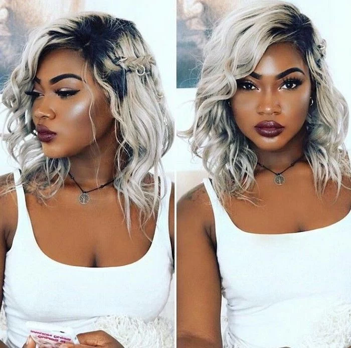 bobs for black women, side by side photos, platinum blonde hair, white top