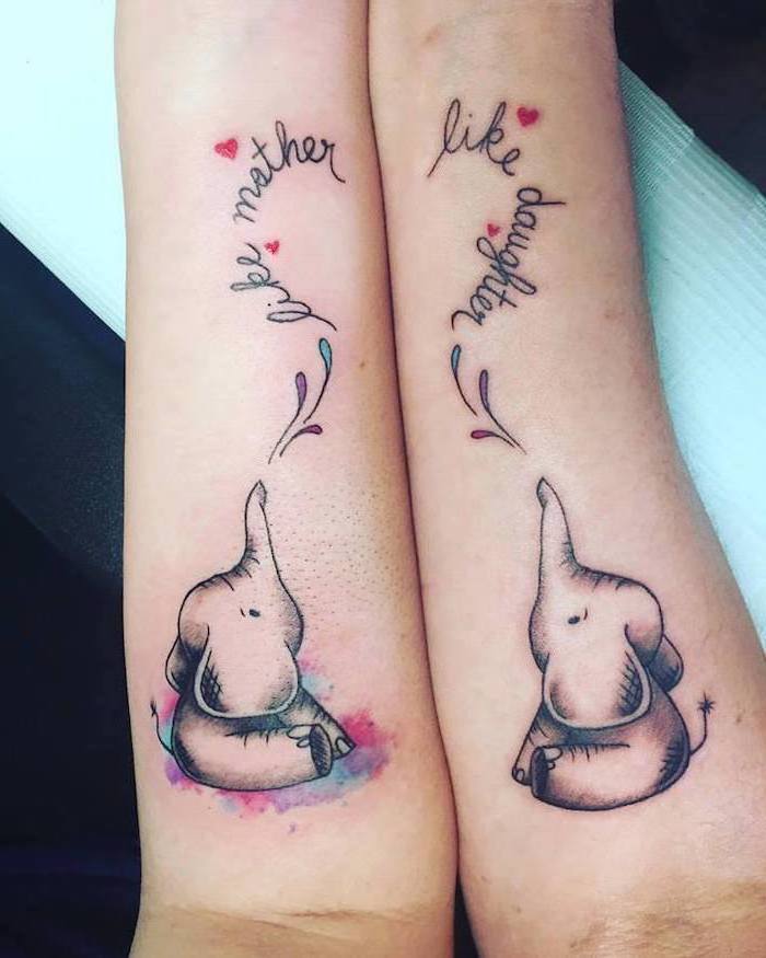 like mother, like daughter, baby elephants, mother daughter tattoos, forearm tattoos