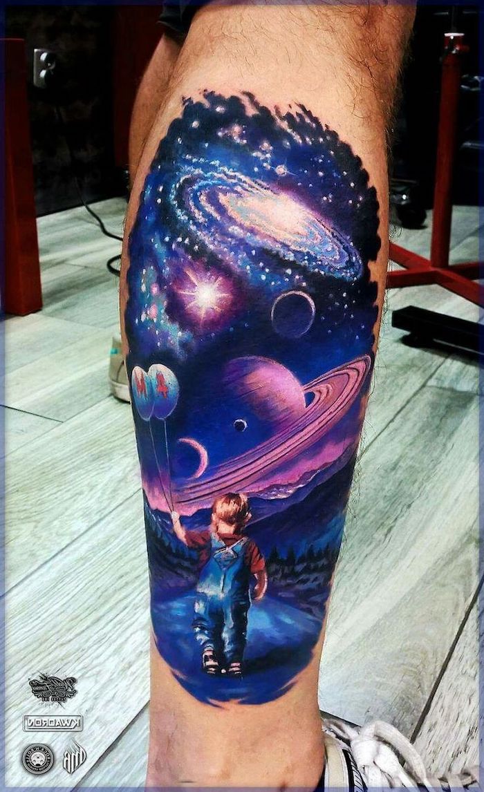 galaxy sky, little boy, holding balloons, back of leg, watercolor tattoo