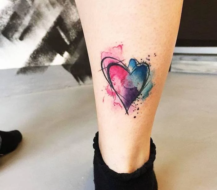 heart tattoo, back of leg, watercolor tattoo, black socks