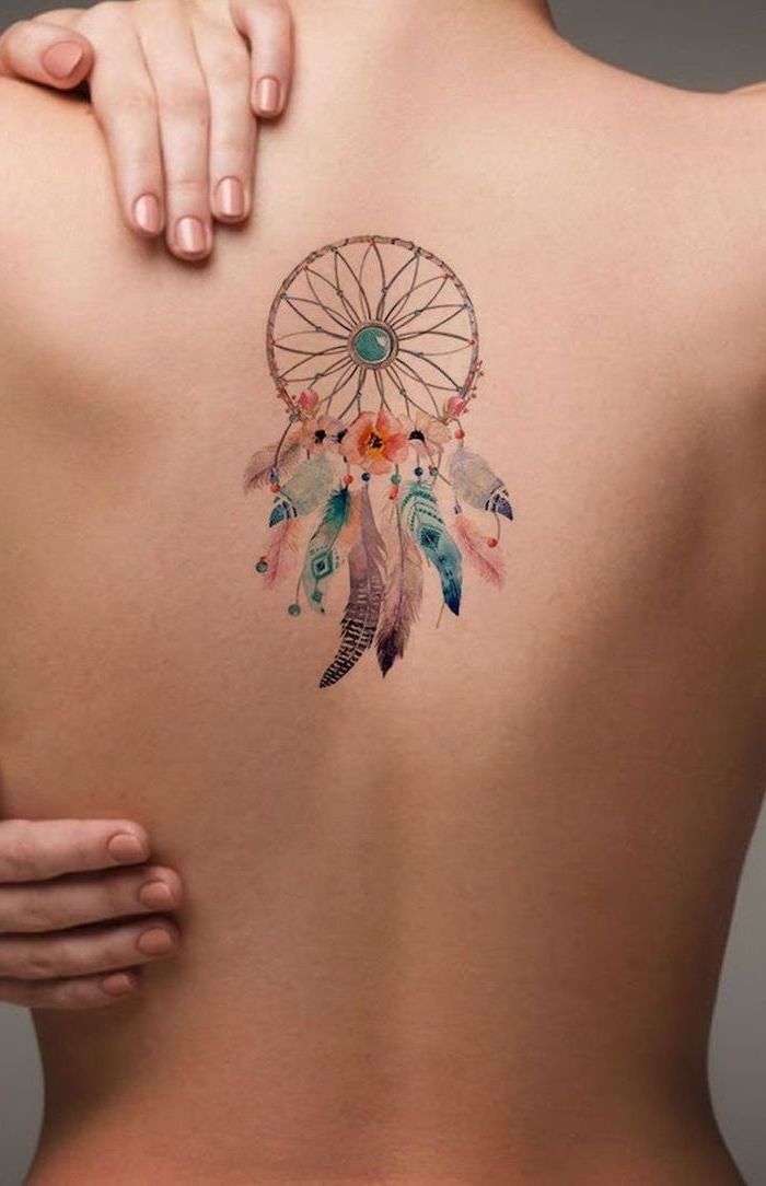 dreamcatcher tattoo, on the back, flower tattoos