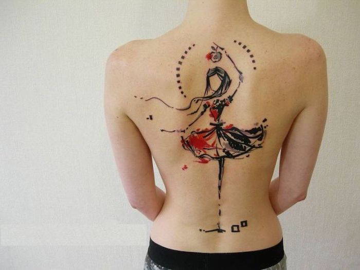 girl dancing, black and red dress, back tattoo, watercolor butterfly tattoo, white background