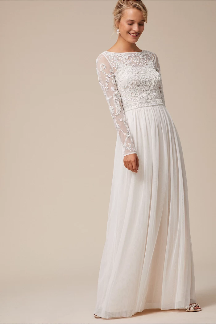 long sleeve wedding dresses, blonde hair, low updo, open toe shoes, long white lace dress