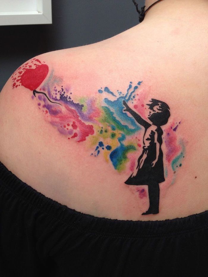 banksy inspired, girl and a balloon, watercolor shoulder tattoo, flower tattoos