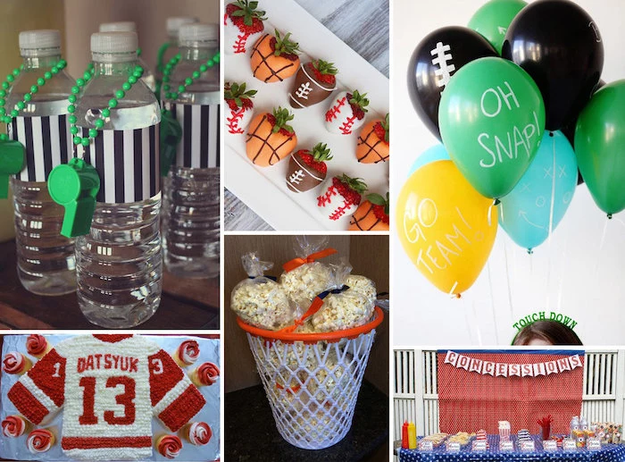 birthday party themes, basketball theme, popcorn bags, concessions stand, black green blue yellow balloons