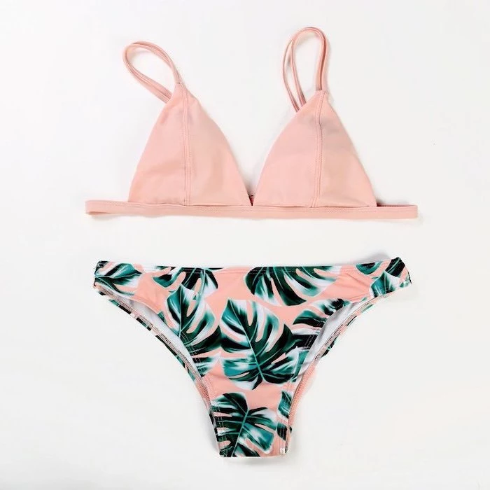 light pink top, green palm leaves print bottom, two piece, toddler girl swimsuits, white background