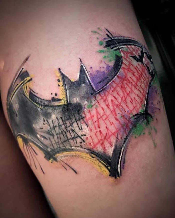 batman and the joker inspired, watercolour tattoo, watercolor butterfly tattoo