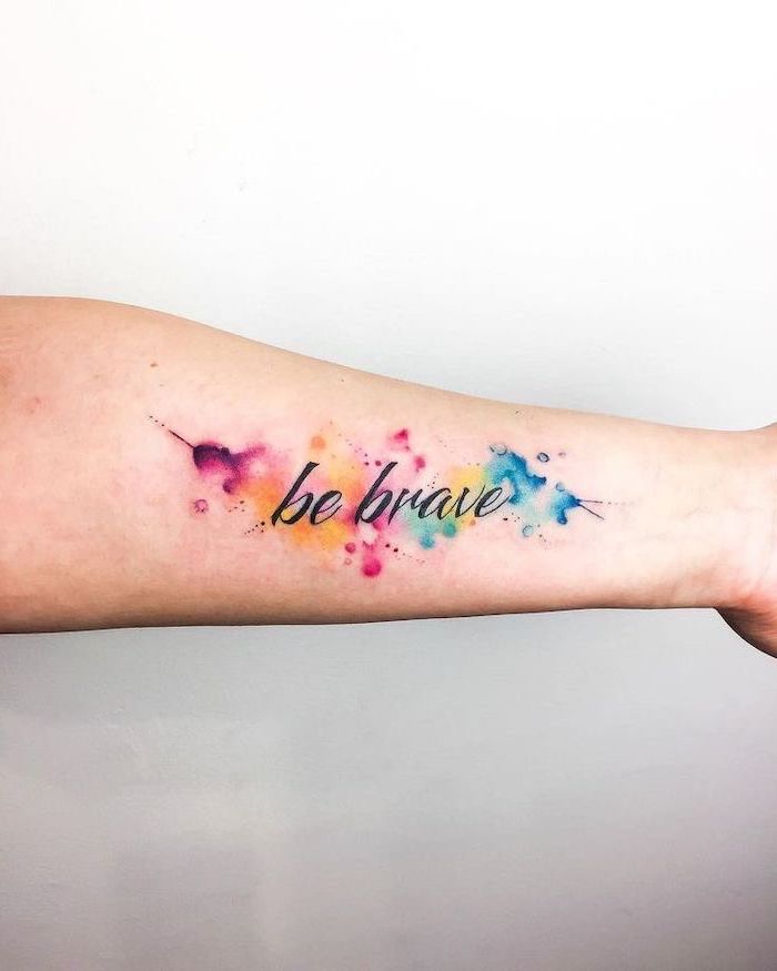 be brave, flower tattoos, watercolor forearm tattoo, white background