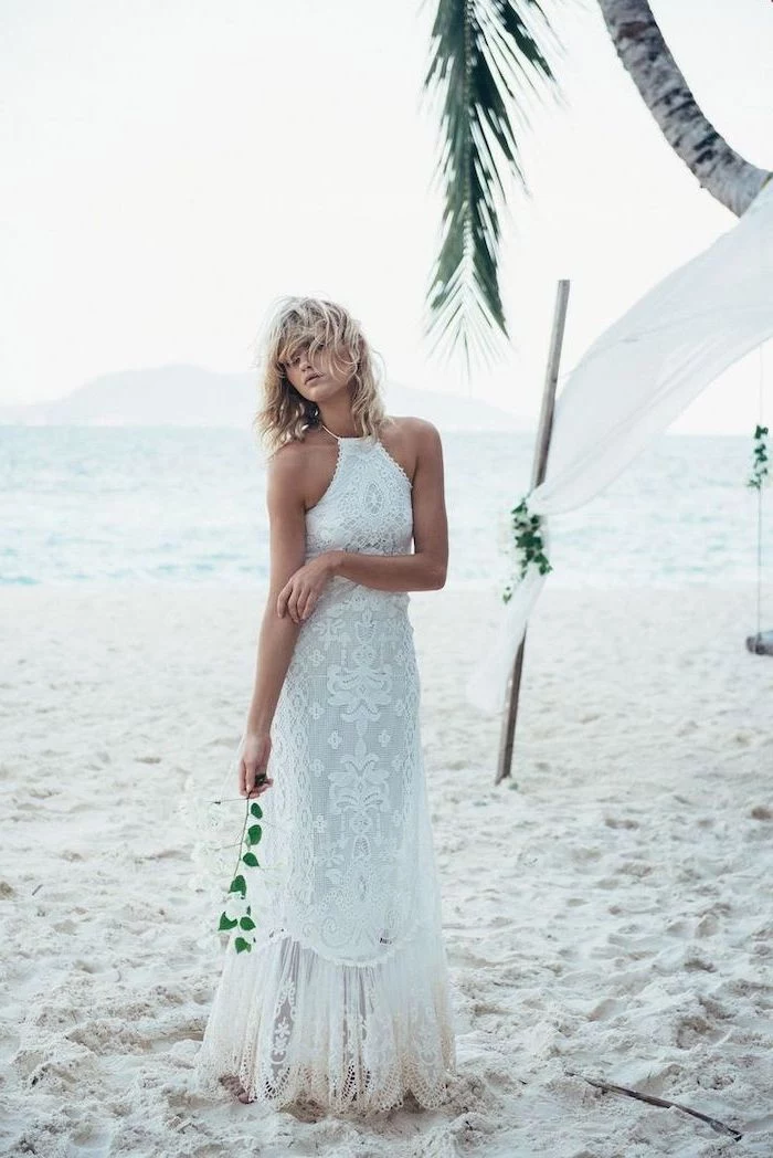 jewel neckline, long lace dress, casual beach wedding dresses, palm tree, short blonde curly hair