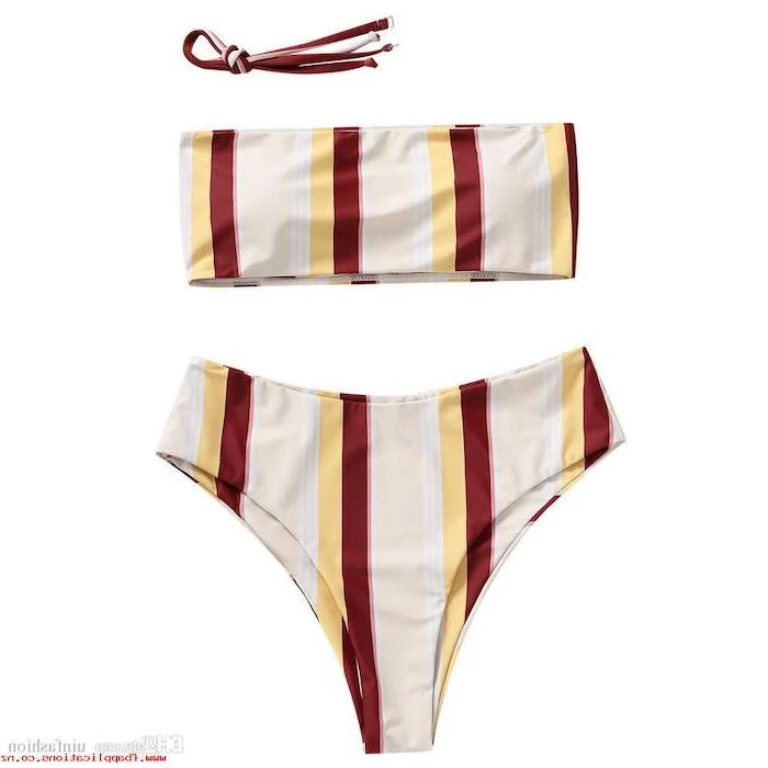 girls one piece swimsuit, beige yellow and red stripes, strapless top, high waisted bottom